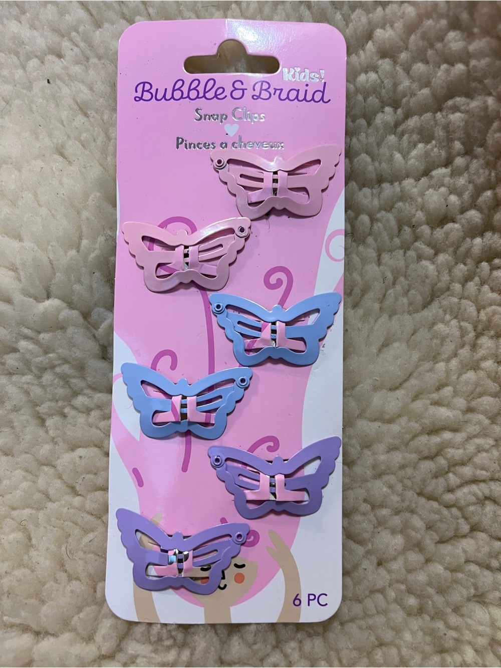 Butterfly Snap Hair Clips 6 Piece Pastel Pink Blue Purple Bubble & Braid